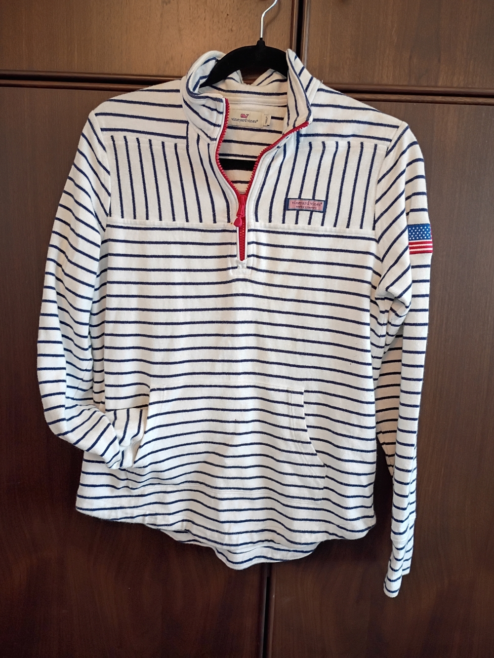 Vineyard Vines White & Navy Striped Quarter-Zip Pullover with Red Zip